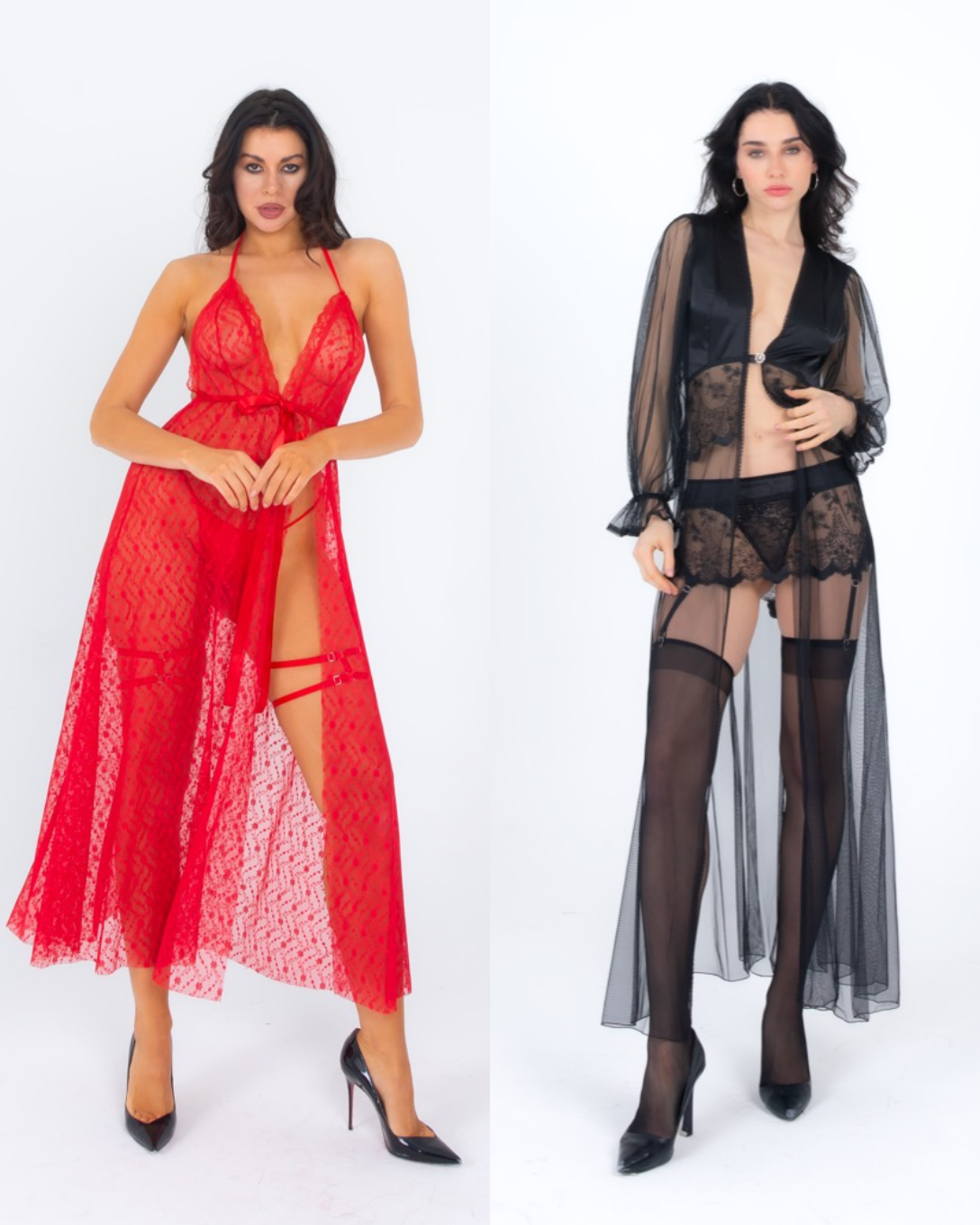 Uzun Gecelik Seti: Red Harmony Gown + Siyah Jartiyerli Sabahlık